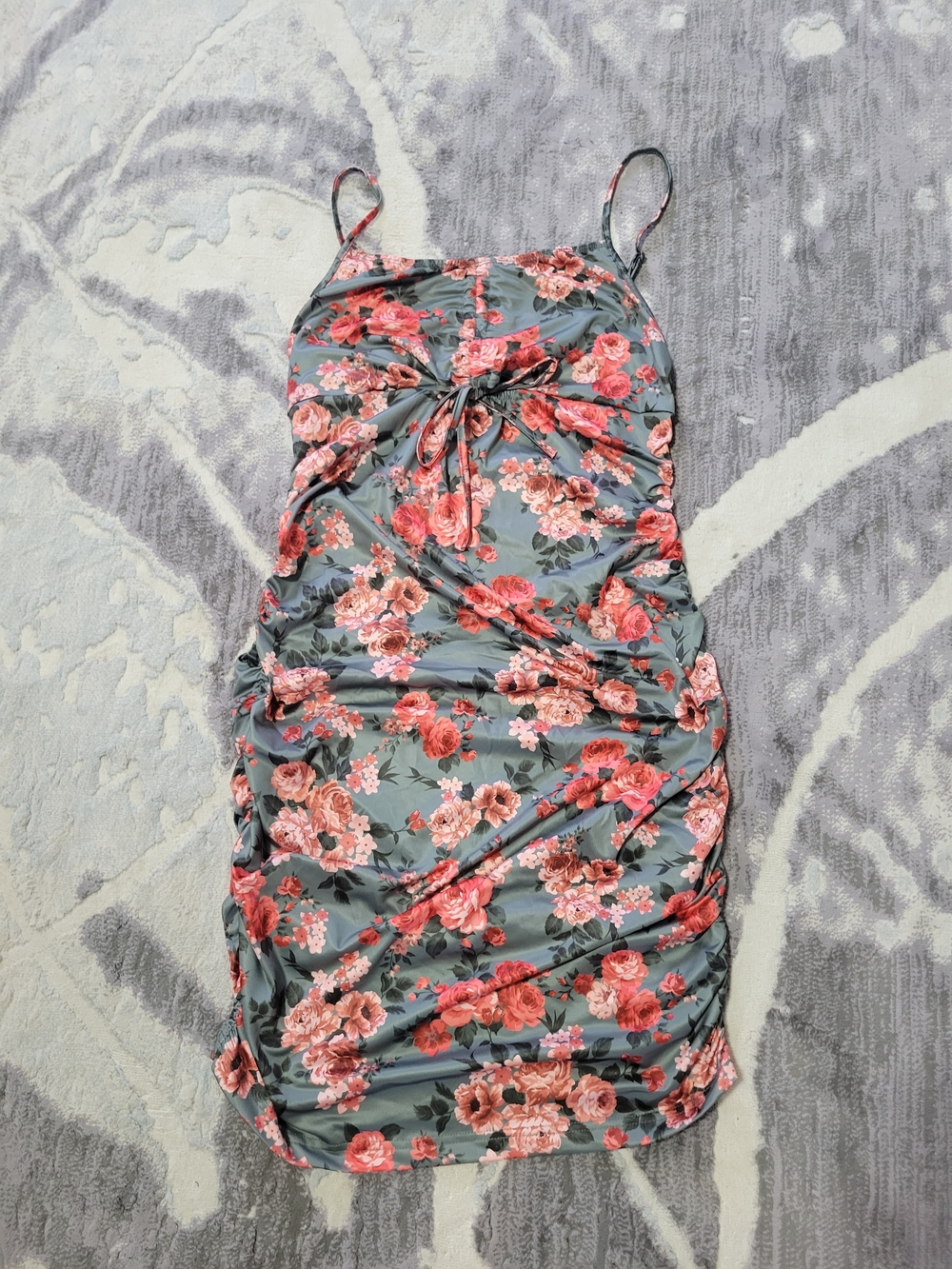 Ruched Floral Dress in Green with Pink Blooms Size L